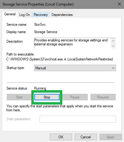 Storage Service settings with the Stop button highlighted.